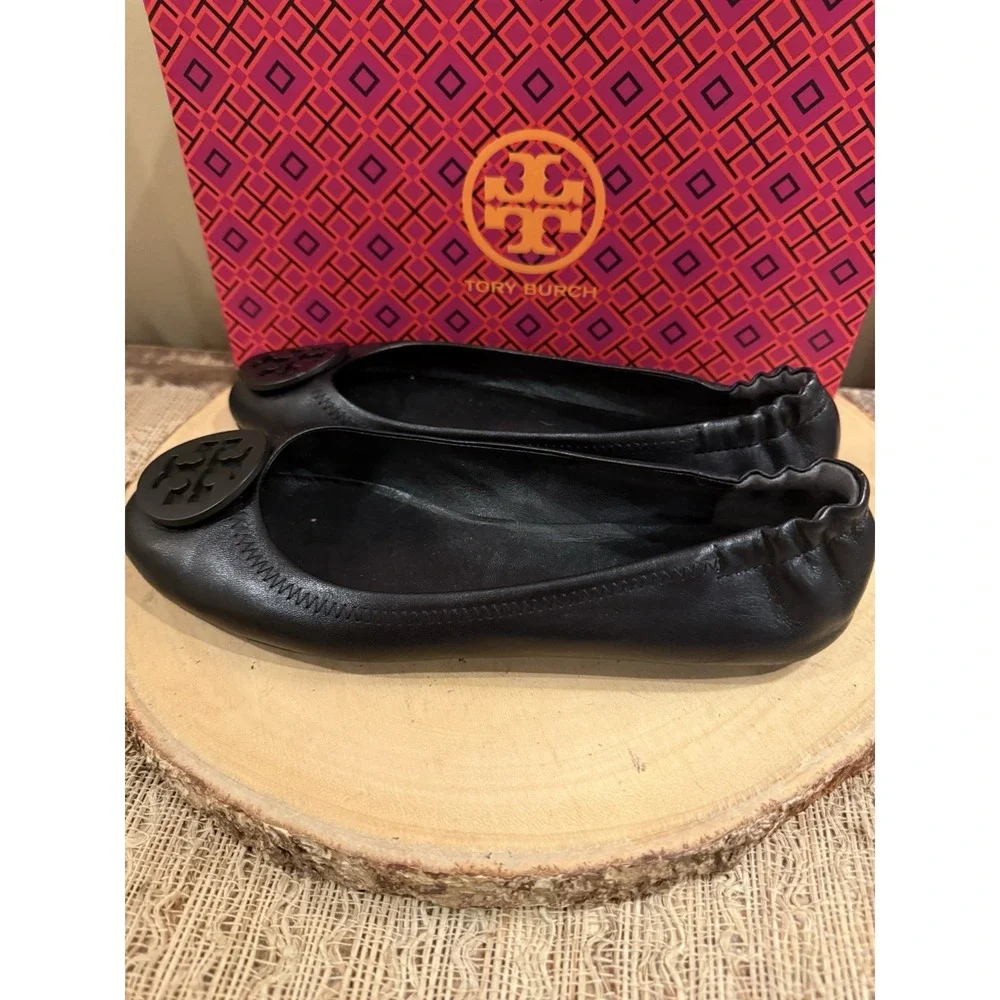 Tory Burch Minnie Travel Ballet Women's Pebble Leather‎ Perfect Black Sz-9